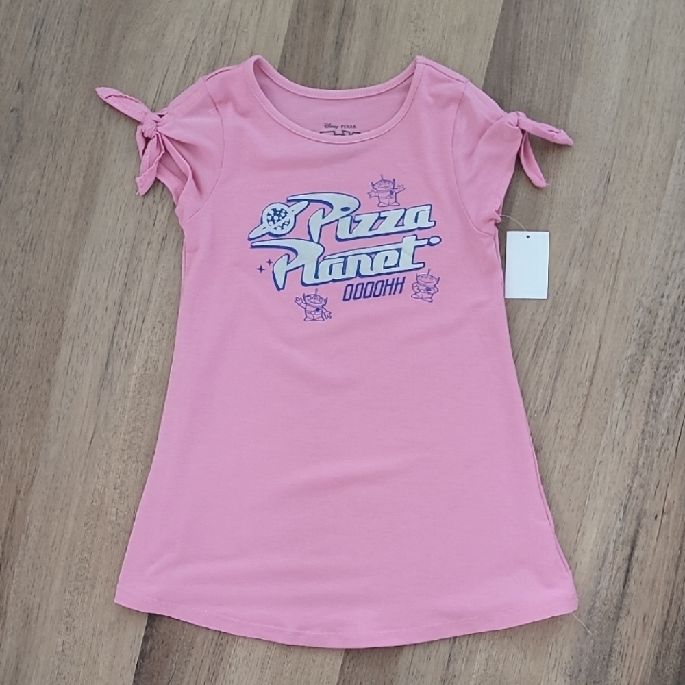NWT Pixar Toy Story Pizza Planet Pink Graphic Dress 3T Tie Sleeve
